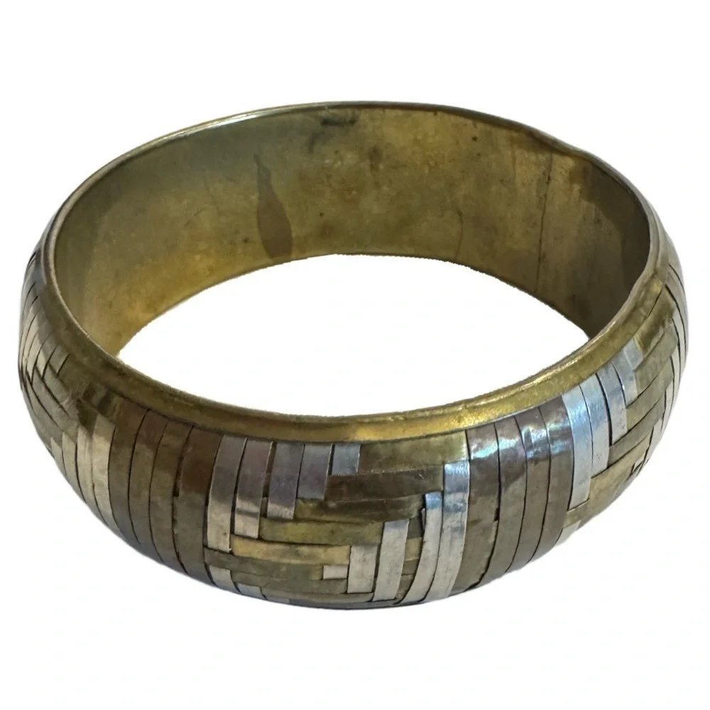 Vintage Metal Bangle Bracelet Tri-Color Woven Copper Bronze Silver Artsy Jewelry